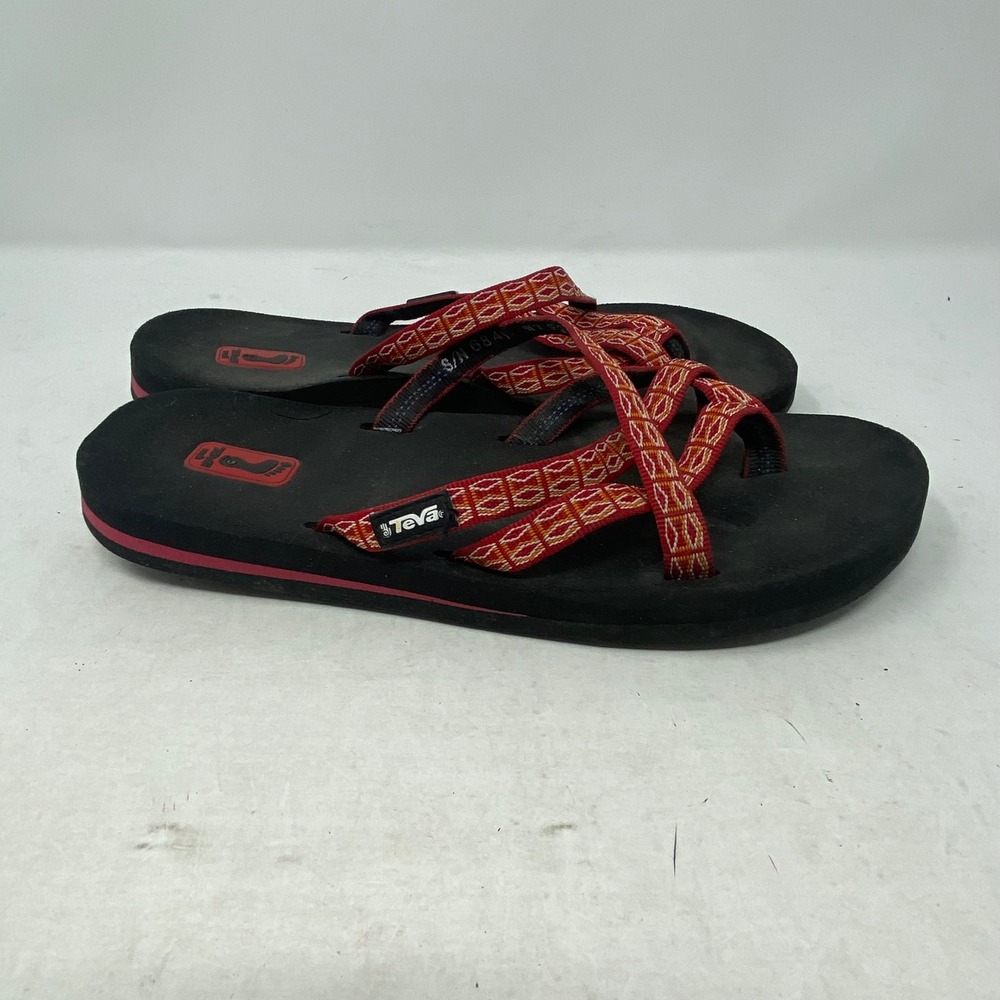Teva Olowahu Womens Sandals Black Red Geometric Strappy Flip Flops 6840 Size 7